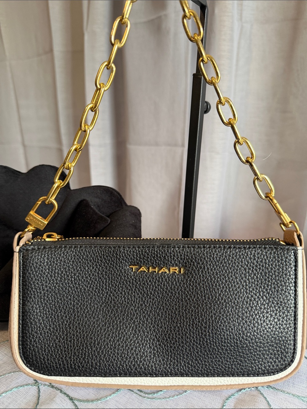 Tahari Black Pebbled Leather Clutch with Gold Chain and Cream Trim
